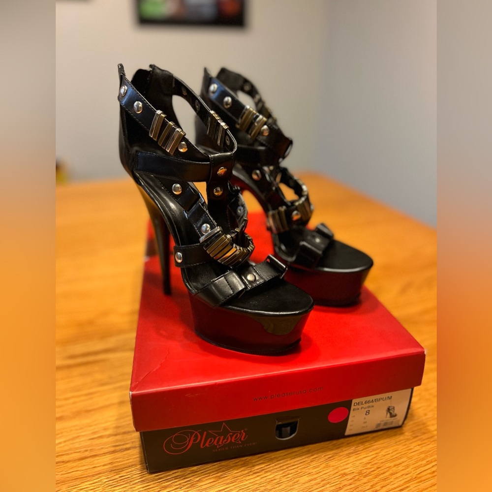 Pleaser Delight-664 Black Strappy Platform Heels Size 8
